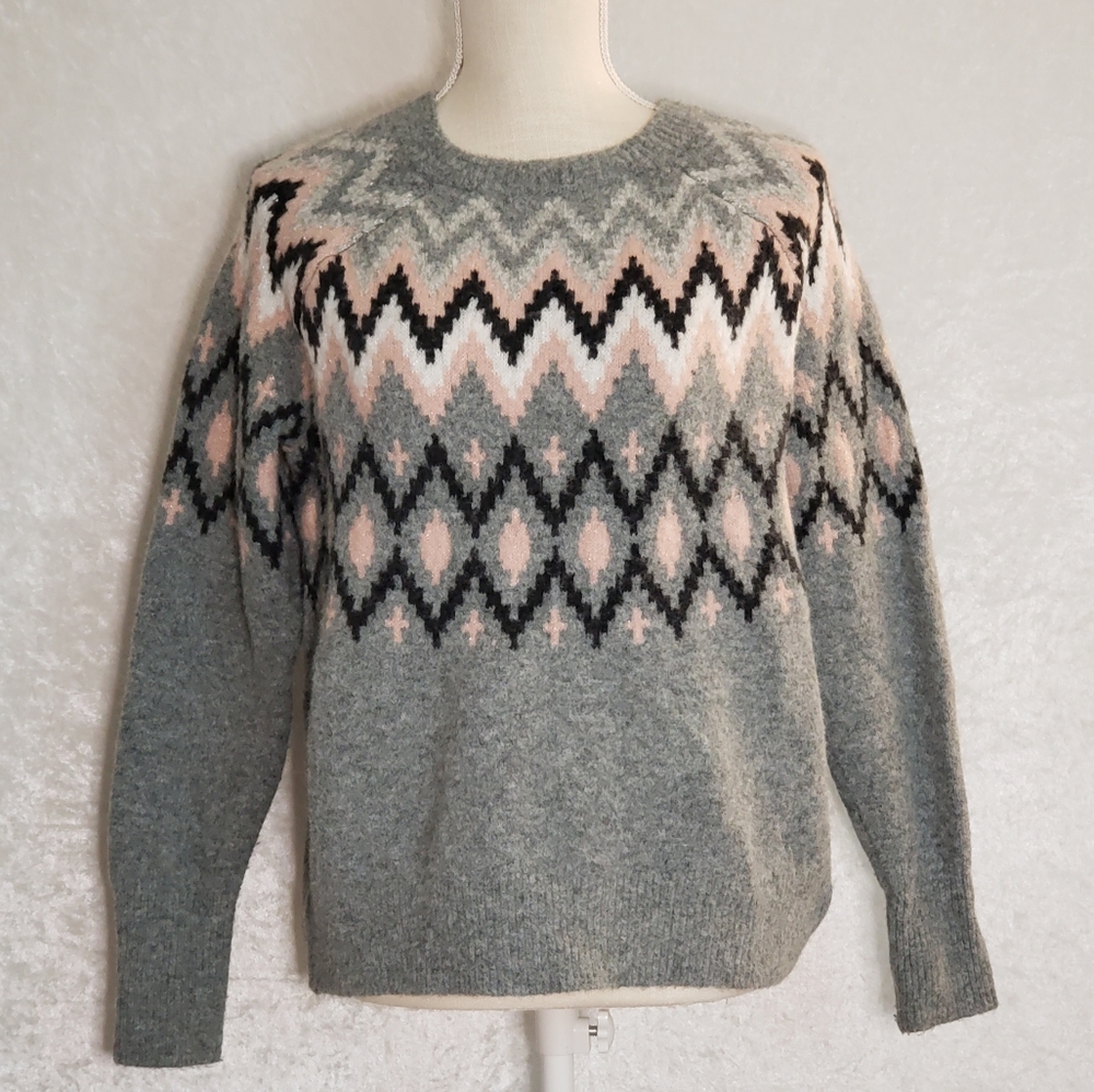 Grey, Pink, White & Black Patterned Sweater